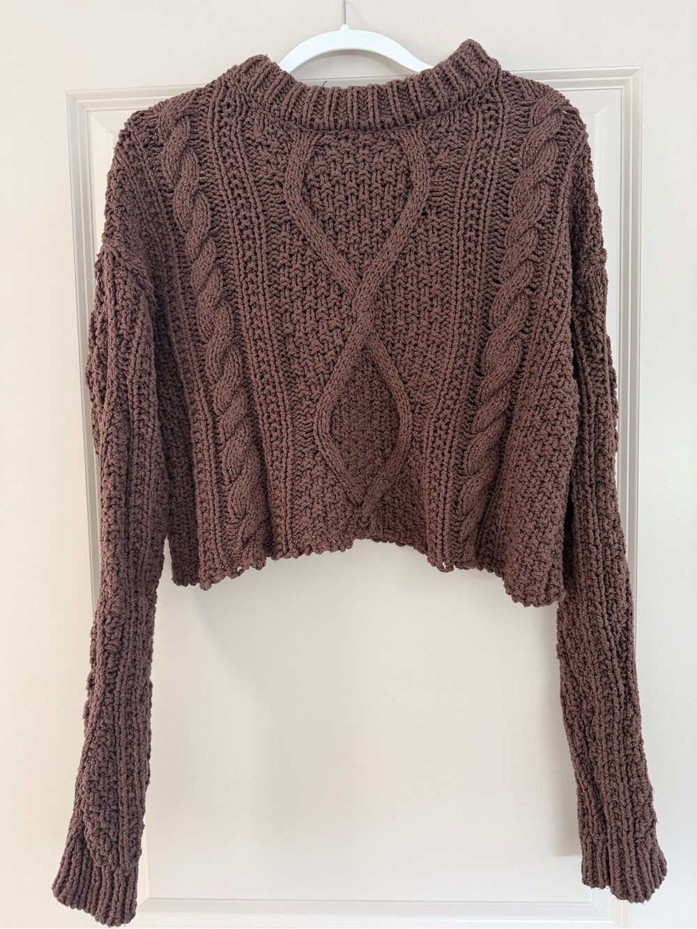 Free People Brown Cable Knit Cropped Crewneck Sweater